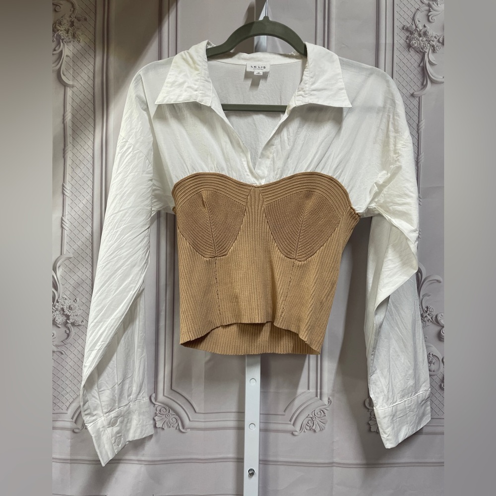Le Lis Tan Corset Style attached Sweater over White Shirt Size Medium